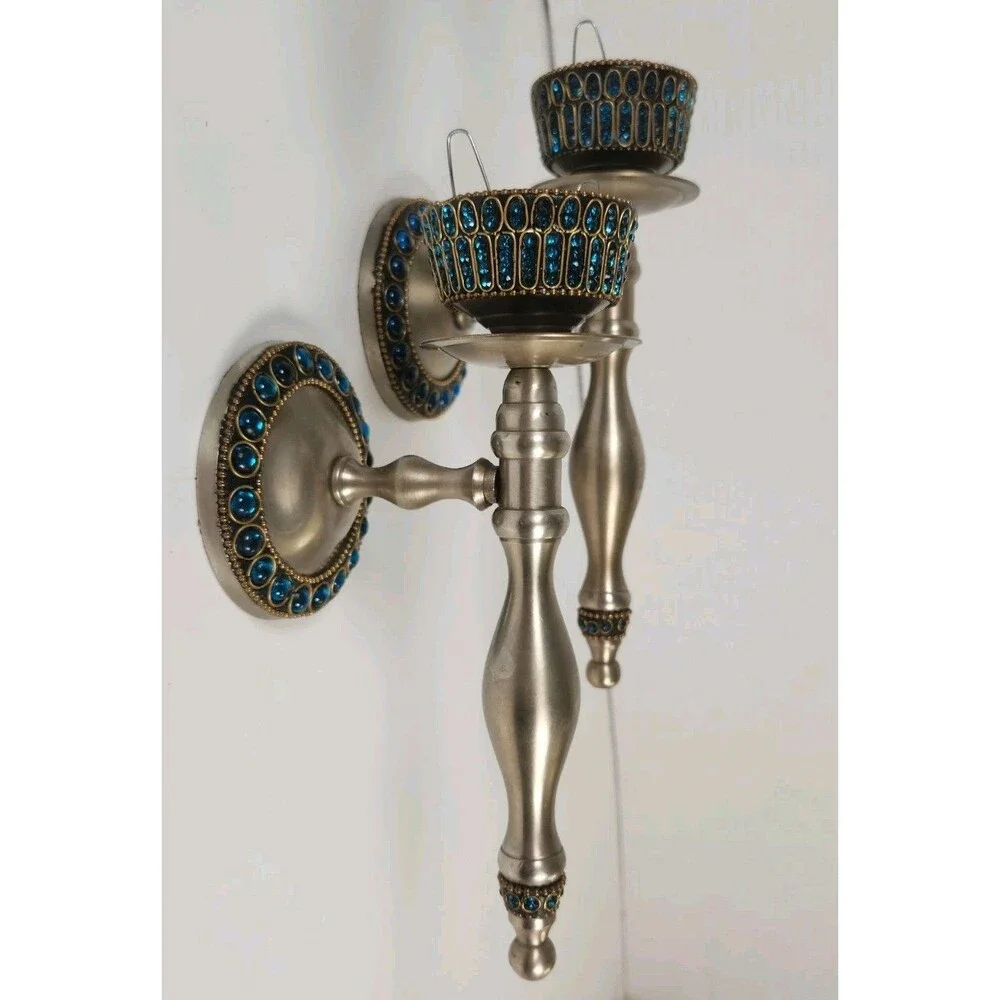 Pier 1 Brushed Pewter Jeweled Torch Style Set Wall Sconces Candle Holders 9